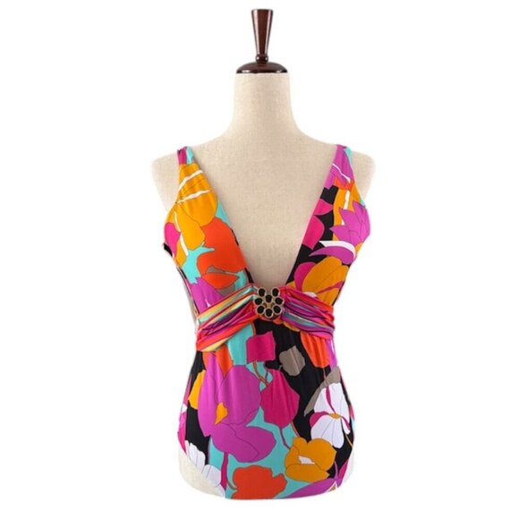 Trina Turk Gemini Plunge Neck Printed One Piece Swimsuit In Multi Color 10 NWT - Picture 2 of 16